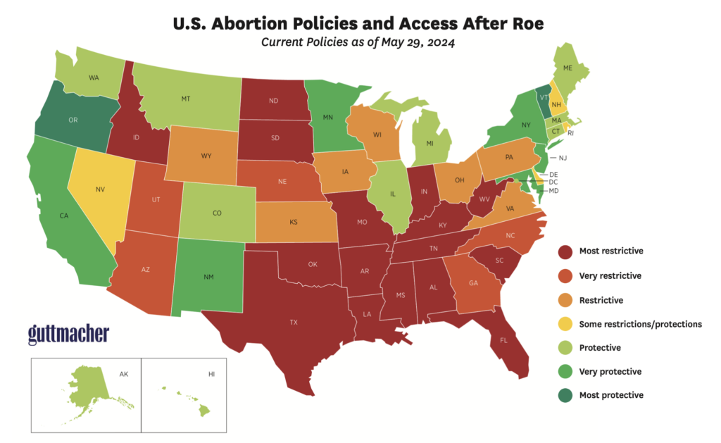 Map of the United States indicating abortion policies per state after SCOTUS overturned Roe v. Wade in 2022